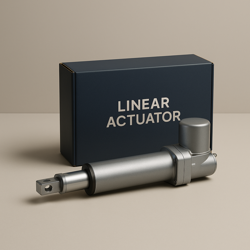 Silver linear actuator in front of a black box labeled 'Linear Actuator' on a beige background