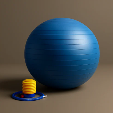Blue exercise ball with a yellow pump on a brown background