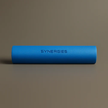 Blue foam roller with 'SYNERGIES' branding on a brown background