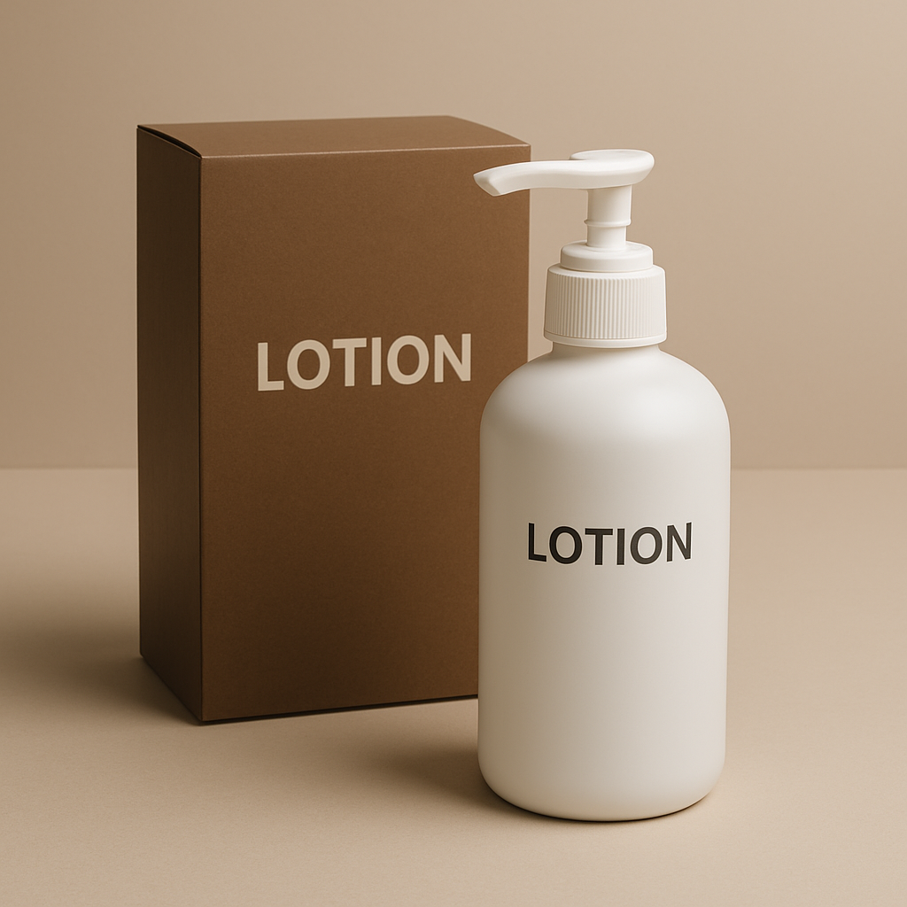 White lotion bottle with pump and brown box labeled 'LOTION' on a beige background