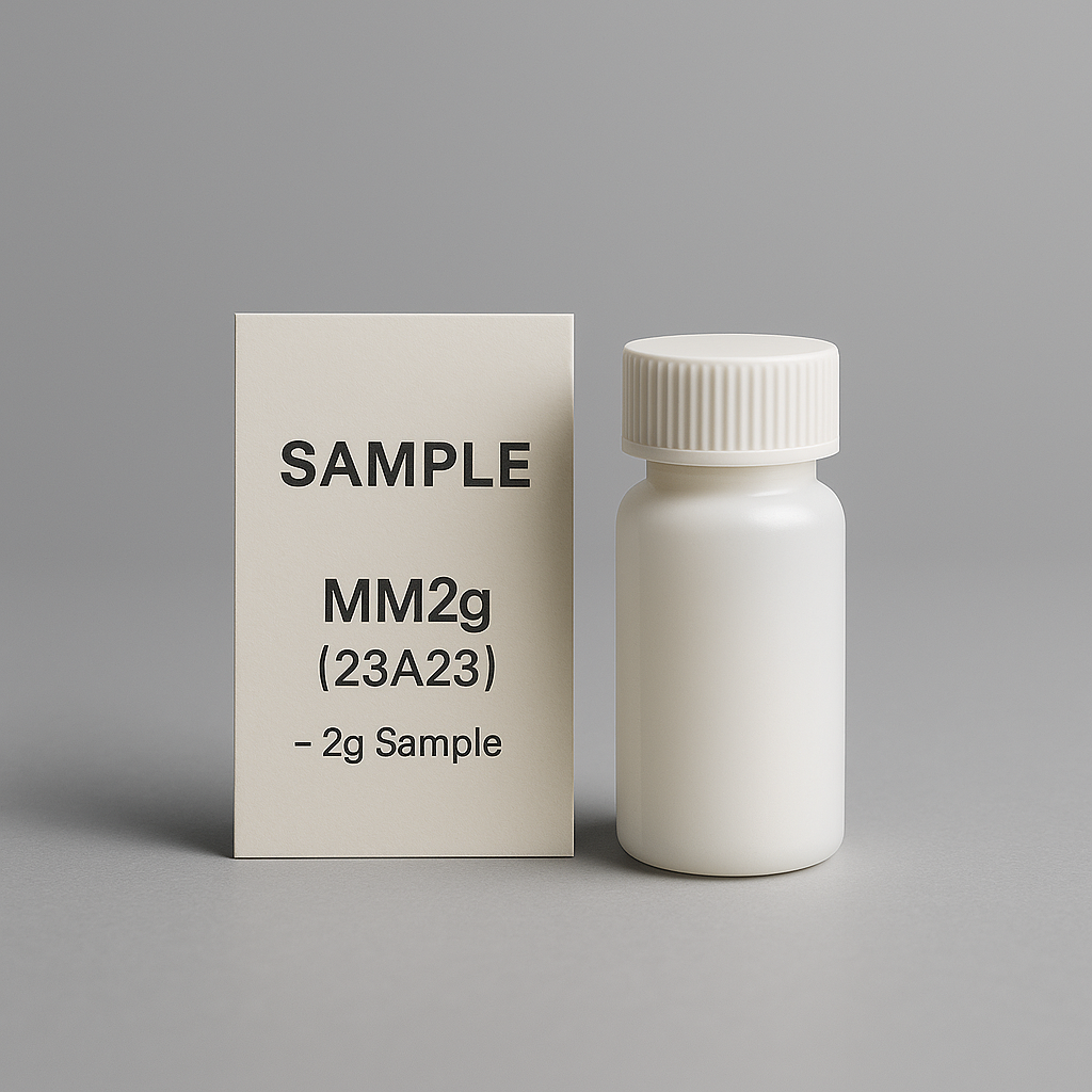 White sample bottle and box with text on a gray background