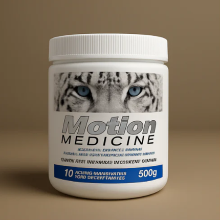 Container of Motion Medicine with a tiger's face on the label against a brown background