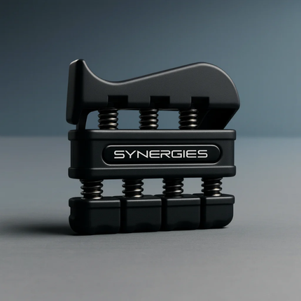 Black hand gripper with 'Synergies' branding on a gray background