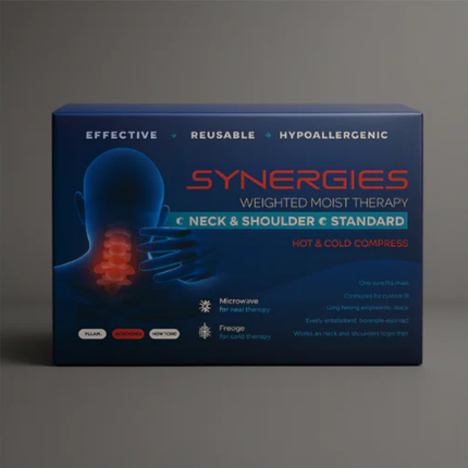 Synergies weighted moist therapy pack for neck and shoulder on a gray background