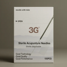 Box of 3G sterile acupuncture needles on a gray background