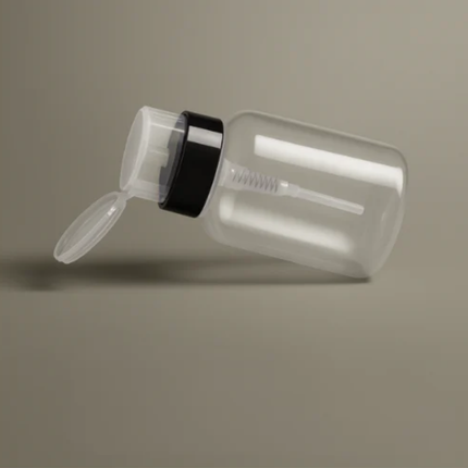 Clear plastic container with a black band on a gray background