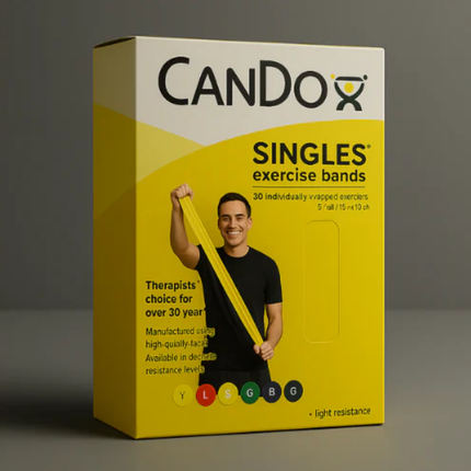 Cando Singles exercise bands packaging with a person using the bands on a gray background