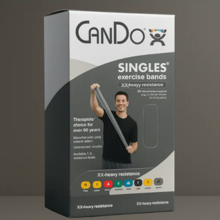 Cando exercise bands packaging with a man holding a band on a gray background
