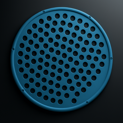 Blue circular object with perforated design on a black background