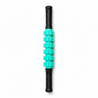 A vertical massage roller with textured black handles and a central section of bright turquoise green knurled rollers, shown on a neutral gray background.
