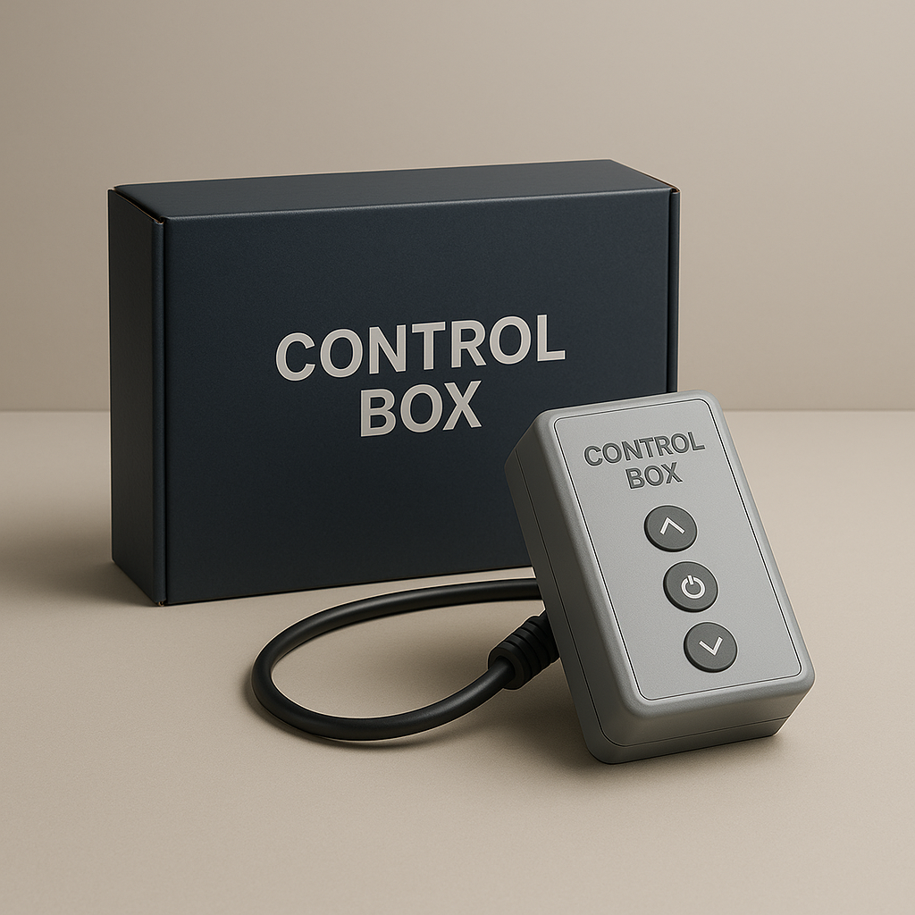 Control box with buttons and a cable next to its packaging on a beige background