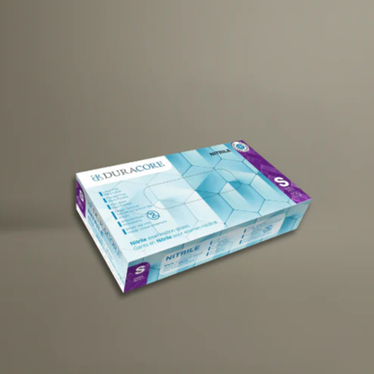 Box of Duracore Nitrile gloves on a gray background