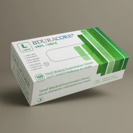 Box of Duracore vinyl medical examination gloves on a gray background