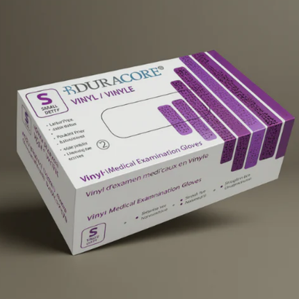 Box of Duracore vinyl medical examination gloves on a gray background