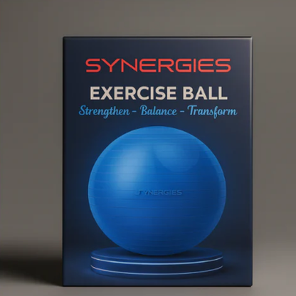 Blue exercise ball with 'Synergies' branding on a dark background