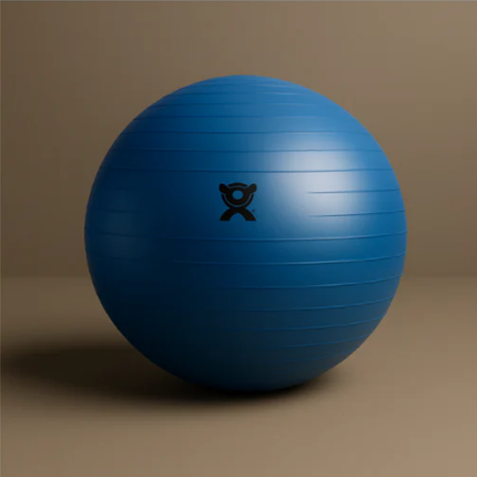 Blue exercise ball with a logo on a brown background