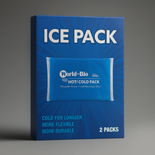 Blue packaging of World-Bio ice packs on a gray background