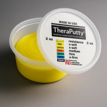 TheraPutty container with yellow putty inside on a gray background