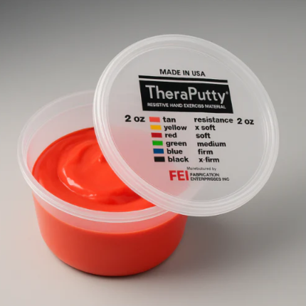 TheraPutty container with red putty inside on a gray background