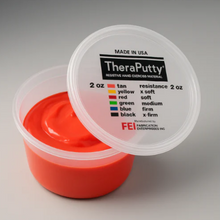 TheraPutty container with red putty inside on a gray background