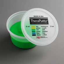 Green container of TheraPutty with a gray background
