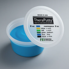 Blue container of TheraPutty with a white lid on a gray background