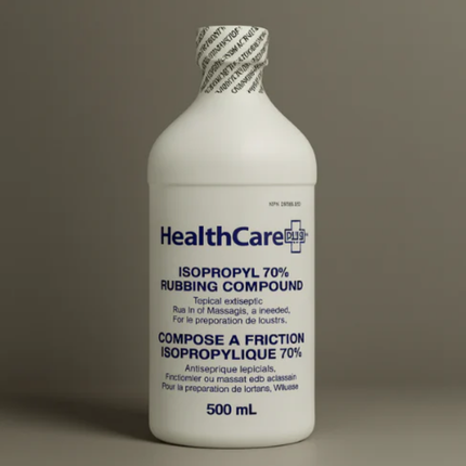 Bottle of HealthCare Plus isopropyl 70% rubbing compound on a gray background