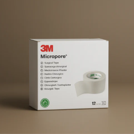 Box of 3M Micropore surgical tape on a brown background