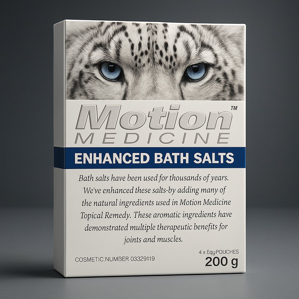 Box of Motion Medicine Enhanced Bath Salts with a leopard's face on the packaging.