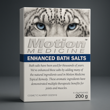 Box of Motion Medicine Enhanced Bath Salts with a leopard's face on the packaging.