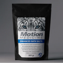 Bag of Motion Medicine Enhanced Bath Salts with a leopard design on a gray background