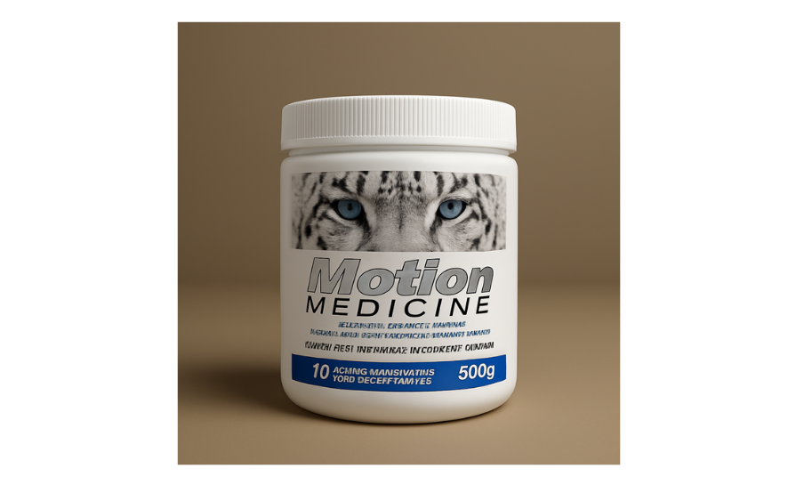 Container of 'Motion Medicine' with a tiger design on a brown background