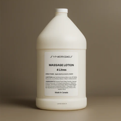 Large bottle of Synergies massage lotion on a brown background