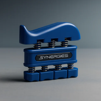 Blue hand exerciser with 'Synergies' branding on a gray background
