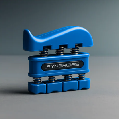 Blue hand exerciser with 'Synergies' branding on a gray background