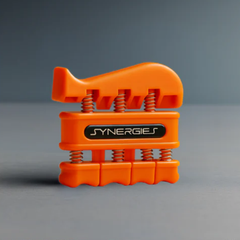 Orange hand gripper with 'Synergies' branding on a gray background
