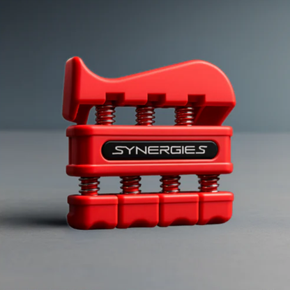 Red hand exerciser with 'Synergies' branding on a gray background