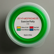 Container of Synergies Exercise Putty with a green lid on a gray background