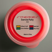 Jar of Synergies Exercise Putty with red lid on a gray background