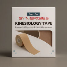 Box of Synergies Kinesiology Tape on a brown background