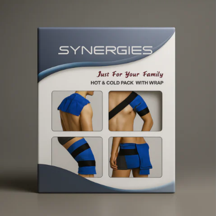Synergies hot and cold pack with wrap packaging on a gray background
