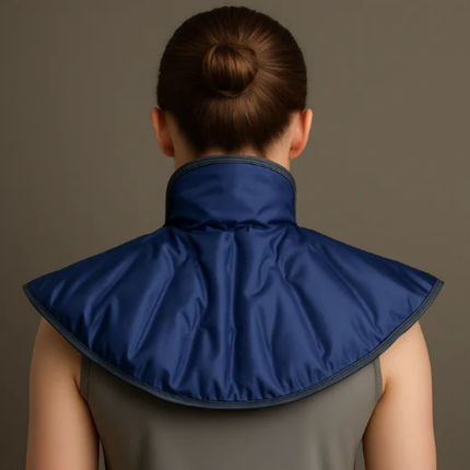 Person wearing a blue neck wrap against a brown background