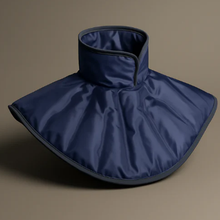 Navy blue neck warmer on a brown background