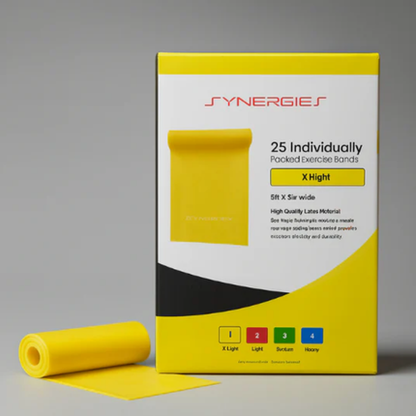 Yellow exercise band with Synergies packaging on a gray background