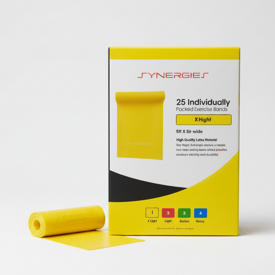 Yellow exercise band with Synergies packaging on a gray background
