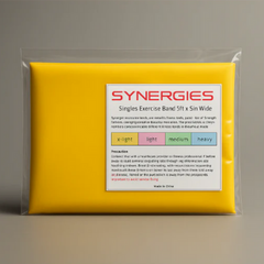 Yellow exercise band packaging with 'Synergies' branding on a gray background