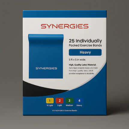 Box of Synergies exercise bands on a gray background