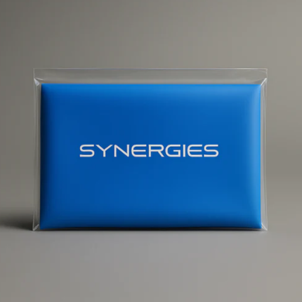 Blue package with 'SYNERGIES' branding on a gray background