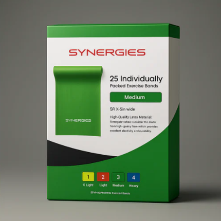 Synergies exercise bands packaging on a gray background