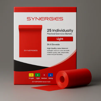 Synergies exercise band packaging with a red band on a gray background